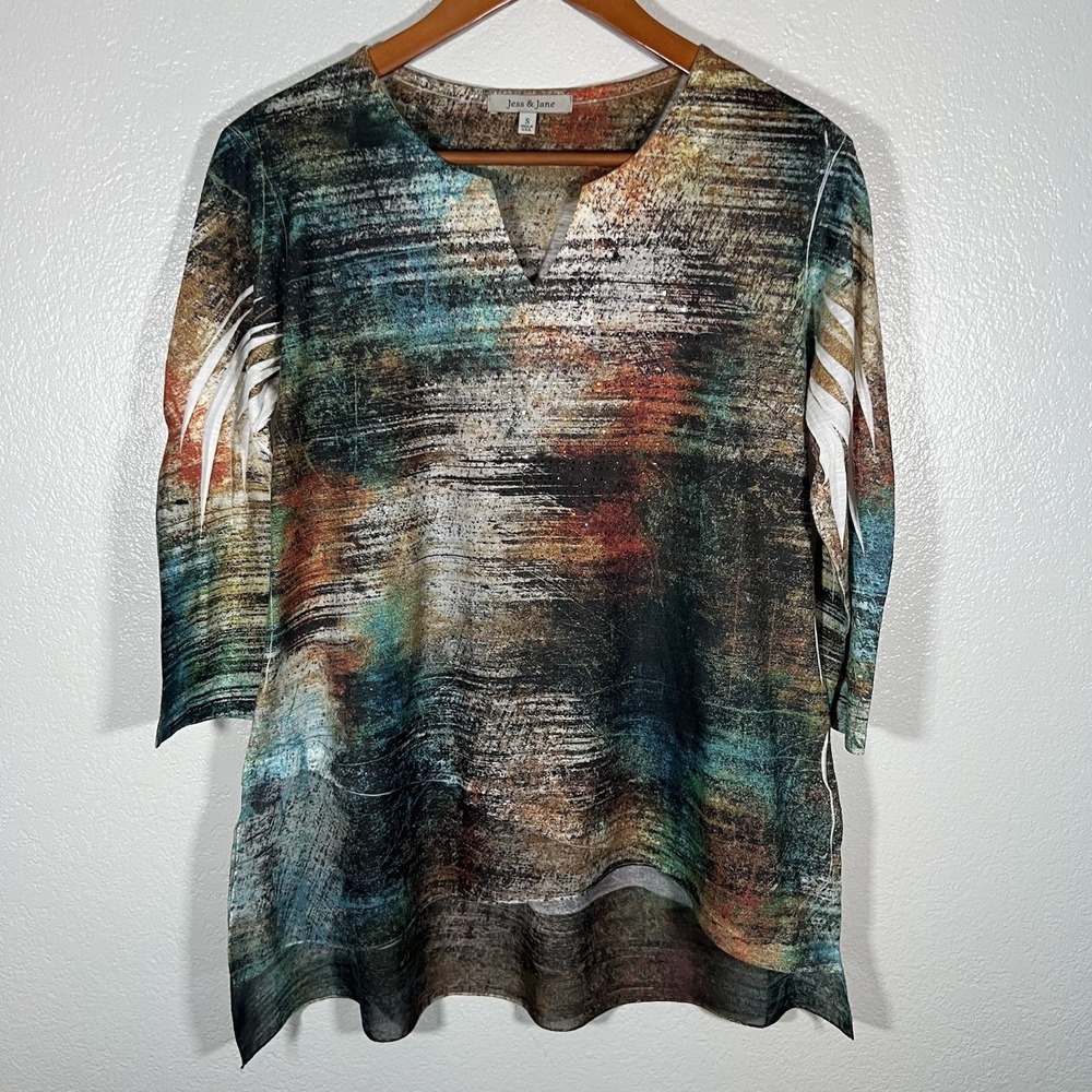 Jess & Jane Sheer Hem Artsy Jeweled 3/4 Sleeve Tunic Top Size S‎ Wearable Art - Picture 2 of 7